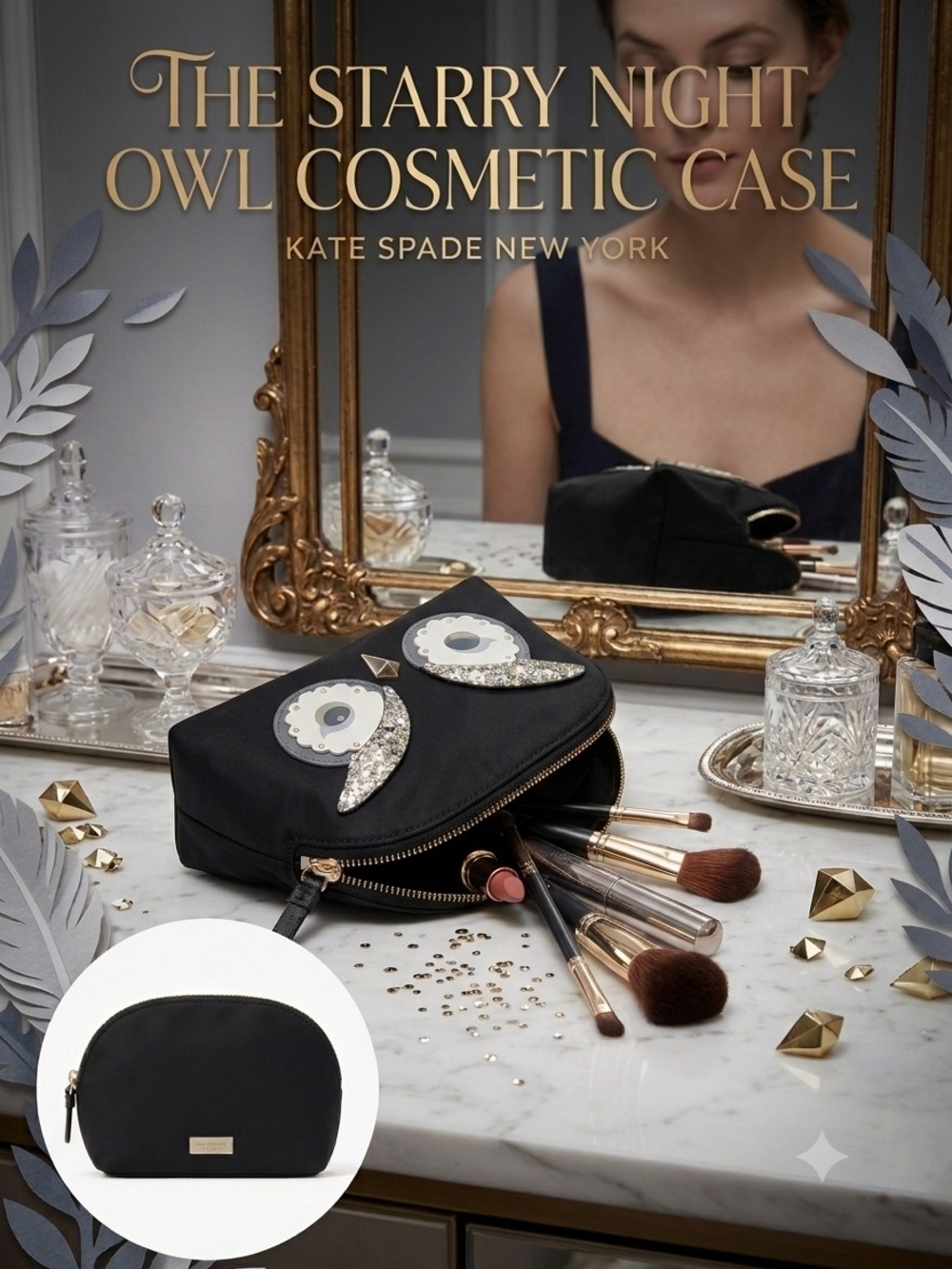 kate spade black owl appliqué cosmetic case with gold accents